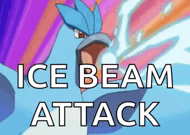 a cartoon of a bird with the words " ice beam attack " on it