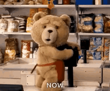 a teddy bear wearing an apron is standing in a store holding a bag and saying `` now '' .
