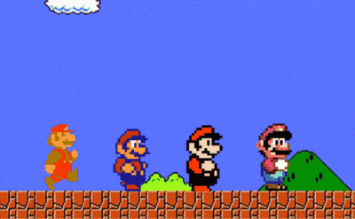 a video game with four mario 's on a brick platform