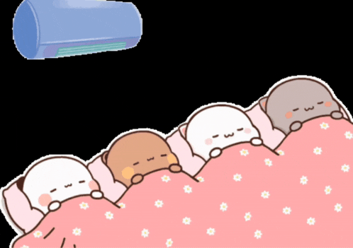 a group of cartoon animals sleeping under an air conditioner