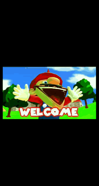 a cartoon character with a big mouth is standing in front of a sign that says welcome .