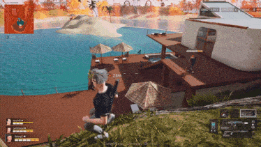 a screenshot of a video game shows a man kneeling in the grass