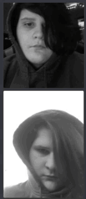 a black and white photo of a person with a hood on their head