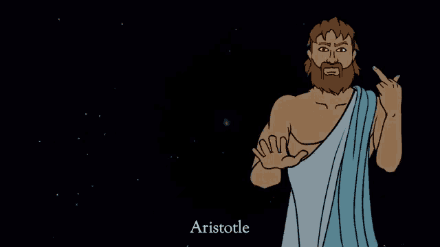 a cartoon of aristotle giving the middle finger in front of a black background