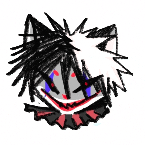 a black and white drawing of a clown with a red and blue face