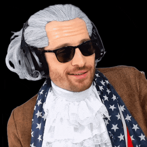 a man wearing a wig and sunglasses is wearing a headset