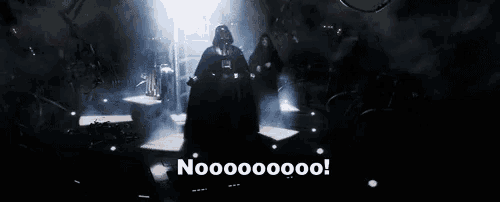 darth vader in a dark room with the words nooooooo on the bottom right
