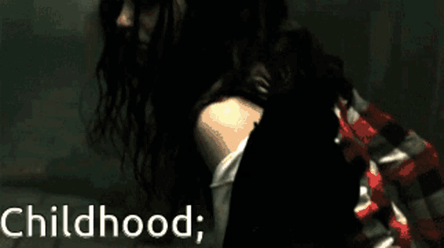 a woman in a plaid shirt with the words childhood written on the bottom