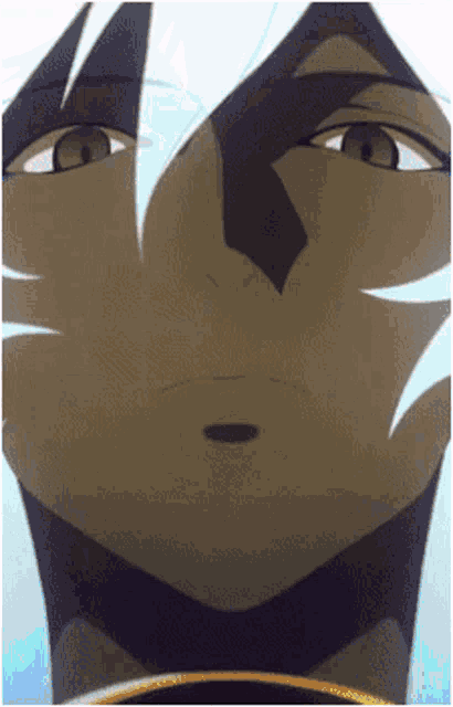 a close up of a cartoon character 's face with white hair and brown eyes