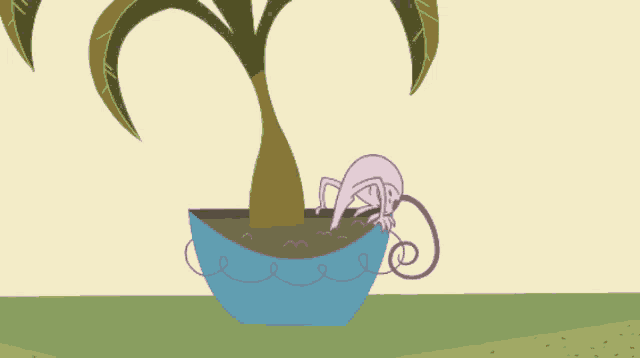 a cartoon cat is sitting in a potted plant with its mouth open