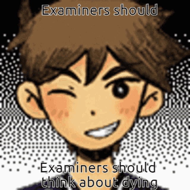 a cartoon of a boy with the words examiners should think about dying