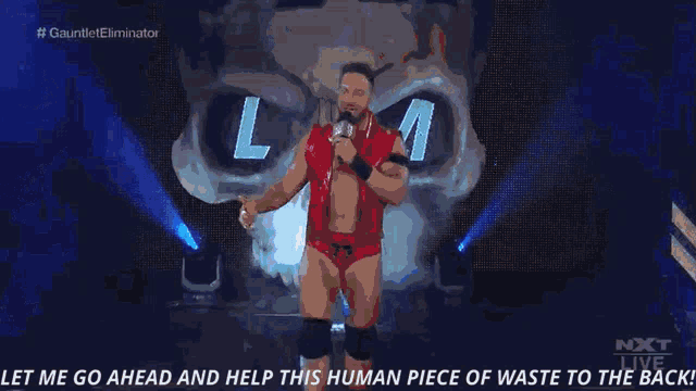 a cartoon of a man holding a microphone with the words " let me go ahead and help this human piece of waste "