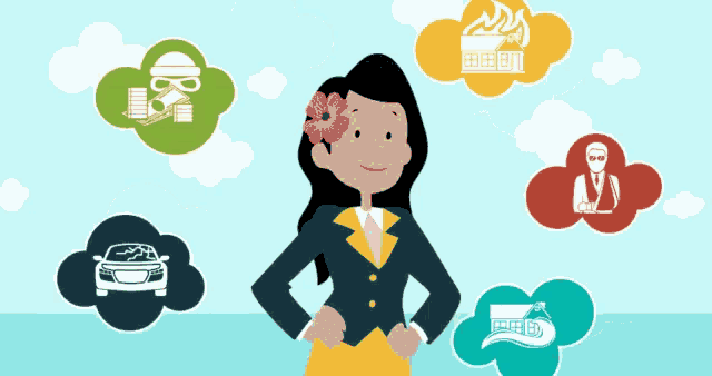 a woman with a flower in her hair is surrounded by various icons including a car