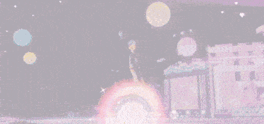 a man is standing on a stage with his arms outstretched surrounded by hearts and stars
