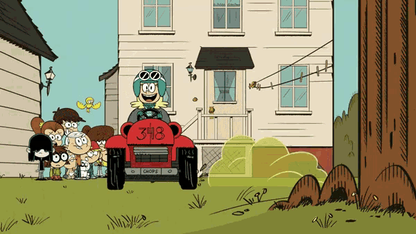 a cartoon character driving a red car with the number 343 on the side