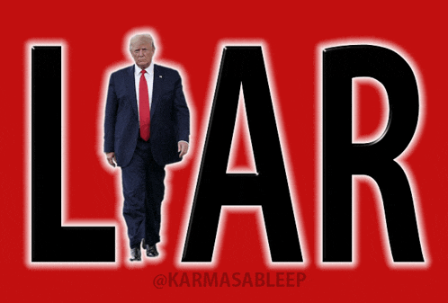 a man in a suit and red tie is standing in front of the word liar