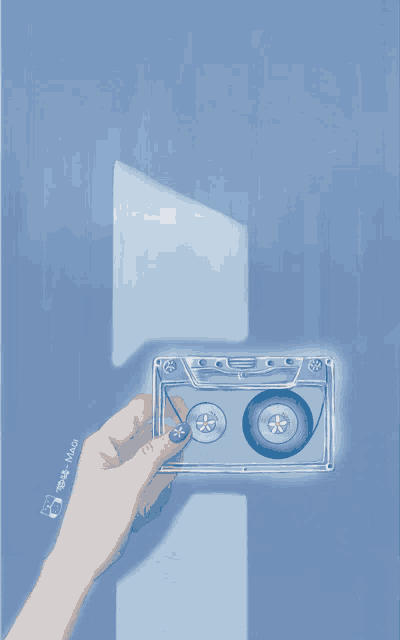 a drawing of a hand holding a piece of paper with flowers on it and a blue background