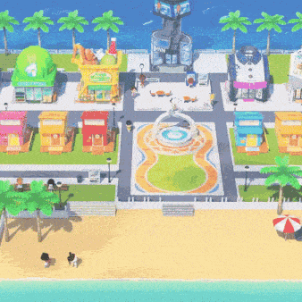 an aerial view of a city with a fountain in the middle and a sign that says ' aquarium ' on it