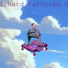 a man is riding a magic carpet in the sky with the name richard fartcoin written on the bottom