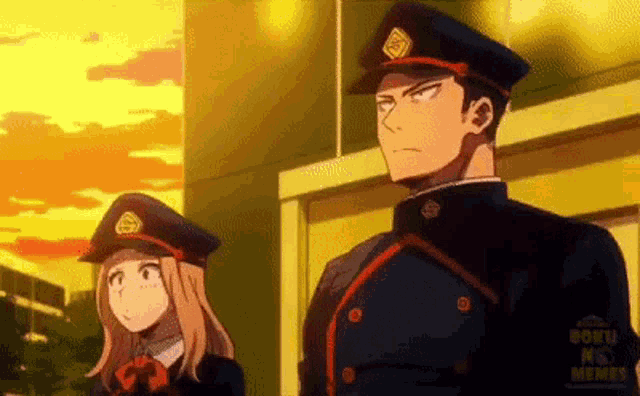a man and a woman are standing next to each other wearing uniforms .