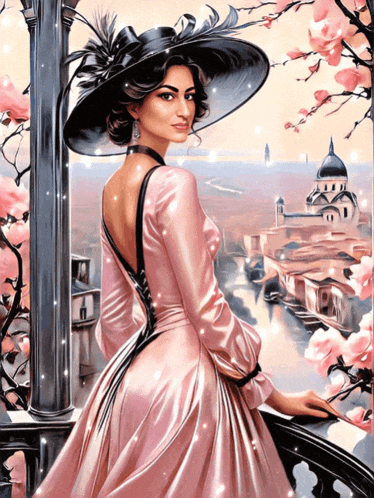 a woman in a pink dress and black hat is standing on a balcony overlooking a city