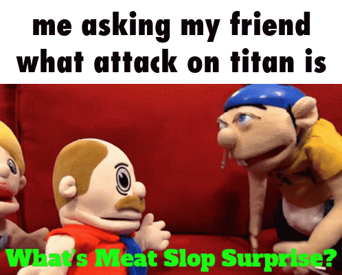 two stuffed animals are sitting on a red couch talking to each other with the caption " me asking my friend what attack on titan is