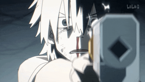 a cartoon of a man holding a gun with bilibili written on the bottom