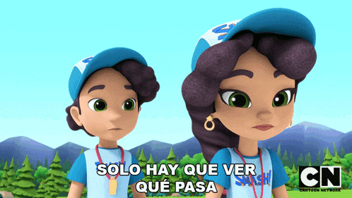 two cartoon characters are standing next to each other and the words solo hay que ver que pasa are on the bottom