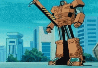 a cartoon robot is standing in front of a city with buildings in the background .