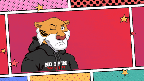 a cartoon of a tiger wearing a black hoodie that says no pain no gain