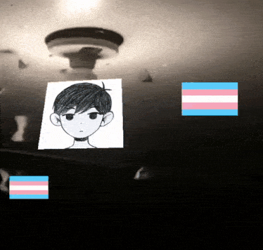 a black and white drawing of a boy with a transgender flag behind him