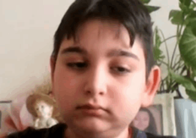 a young boy is making a funny face in front of a plant and a doll .