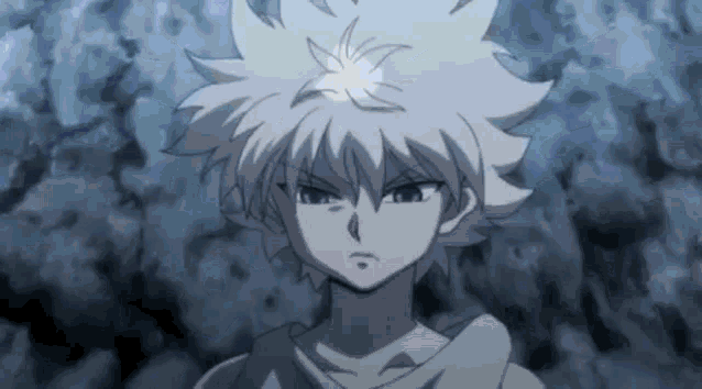 a close up of a cartoon character with white hair standing in front of a dark background .