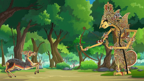 a cartoon drawing of a man holding a bow and arrow and a deer