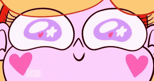 a close up of a cartoon character 's face with purple eyes and pink hearts on her cheeks