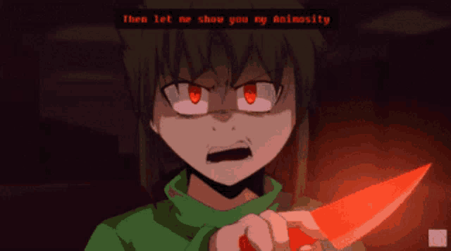 a cartoon of a girl holding a red knife with the words then let me show you my animosity behind her