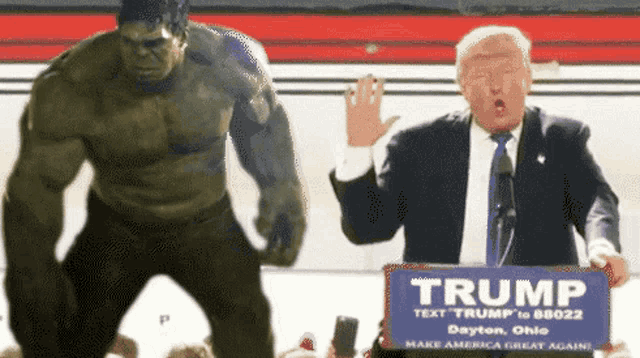 hulk and trump are standing next to each other