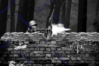 a black and white photo of a soldier shooting a machine gun