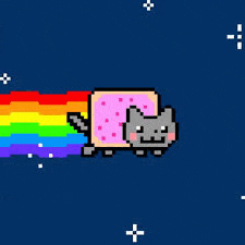 a pixel art of a cat flying through the air with a rainbow coming out of its mouth .