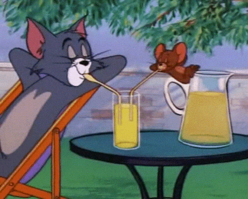 a cartoon of tom and jerry drinking orange juice through straws