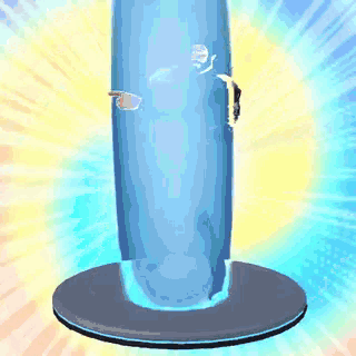 a cartoon drawing of a person jumping into a blue cylinder