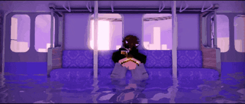 a pixel art of a person sitting in a purple train
