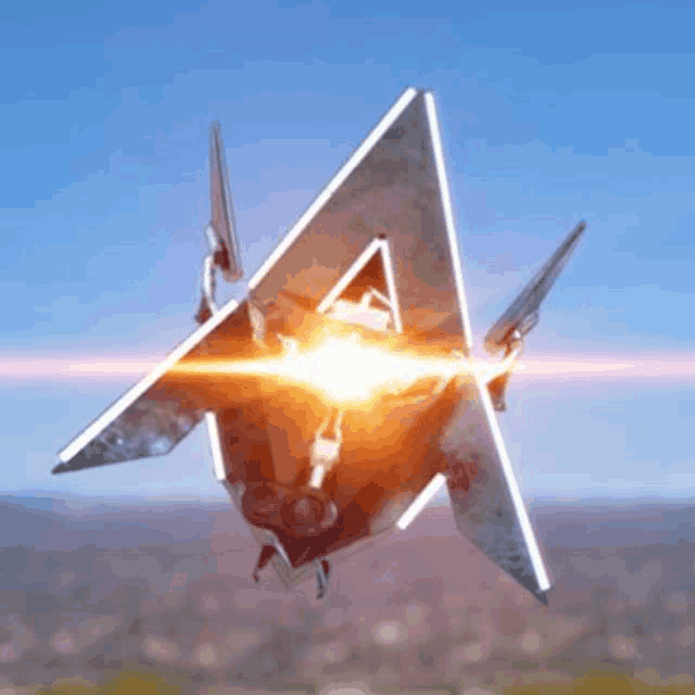 a futuristic fighter jet is flying through the air with a beam of light coming out of its wings .