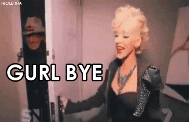 a woman is standing in front of a door with the words " curl bye " above her