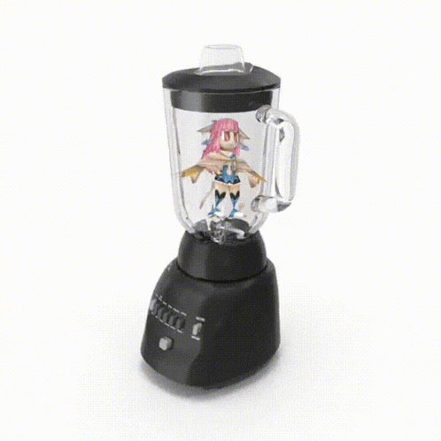 a black blender with a sticker of a girl in it