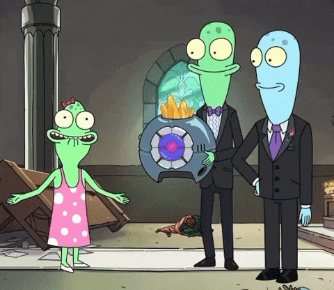 a couple of cartoon characters standing next to each other one of which is wearing a pink and white dress
