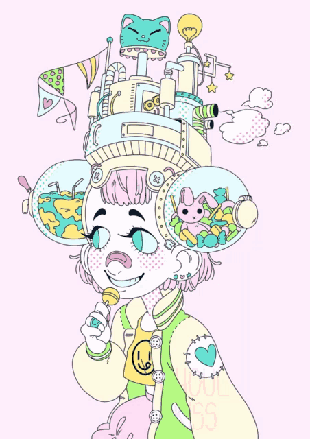 a cartoon drawing of a girl wearing a hat with a cat on it