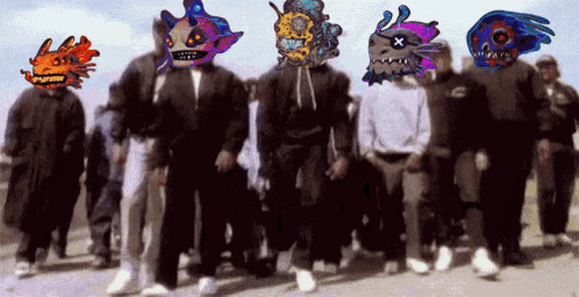 a group of people are walking down a street with cartoon characters on their faces including one that has a x on it