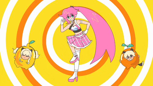 a girl with pink hair is standing in front of a yellow and orange circle
