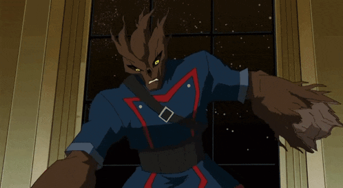 a cartoon of a werewolf in a blue and red outfit